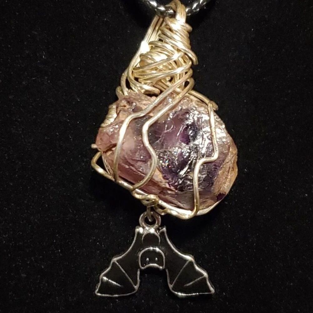 Handmade amethyst pendant with bat charm